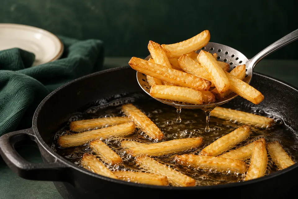 Papas friéndose en aceite en una cocina profesional